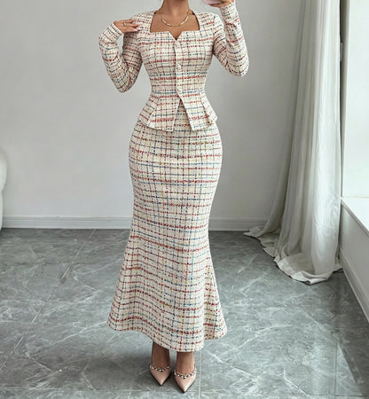 Women Elegant Tweed Blazer Dress 2 Piece Set