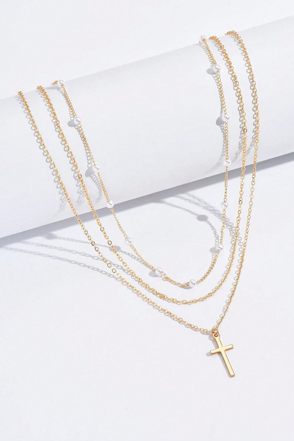 Gold Cross Pendant Pearl Triple Layer Chain Necklace
