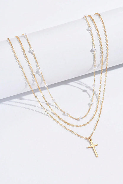Gold Cross Pendant Pearl Triple Layer Chain Necklace