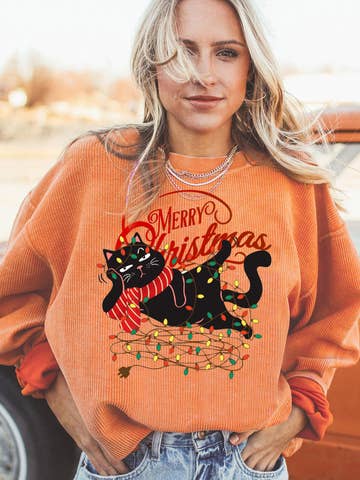 Christmas Cat Graphic Light String Corded Pullover Sweatshirt