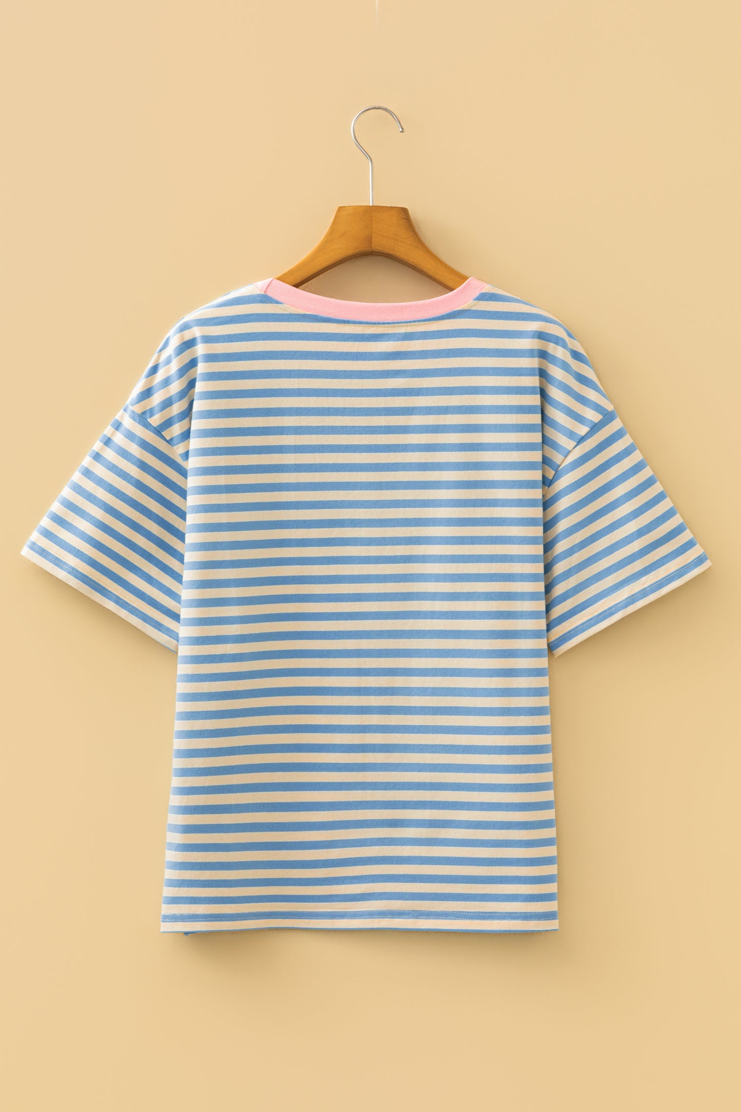 Sky Blue Striped Contrast Neck Drop Shoulder Loose Tee