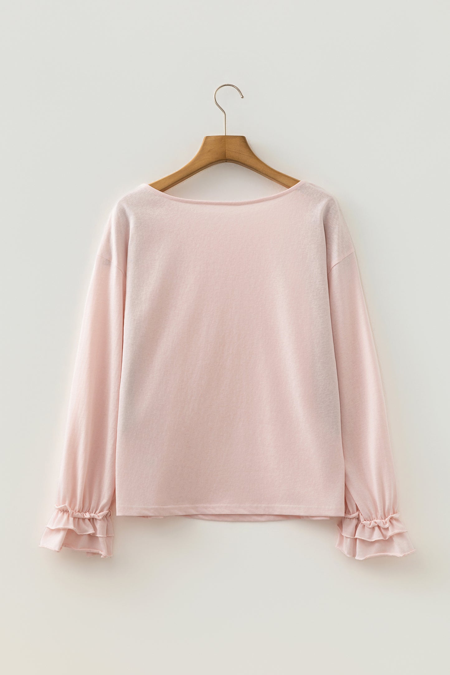Gossamer Pink Ruffle Sleeve Loose Long Sleeve Blouse Top