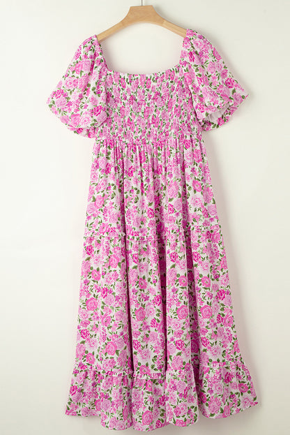 Easter Pink Floral Square Neck Puff Sleeve Maxi Dress