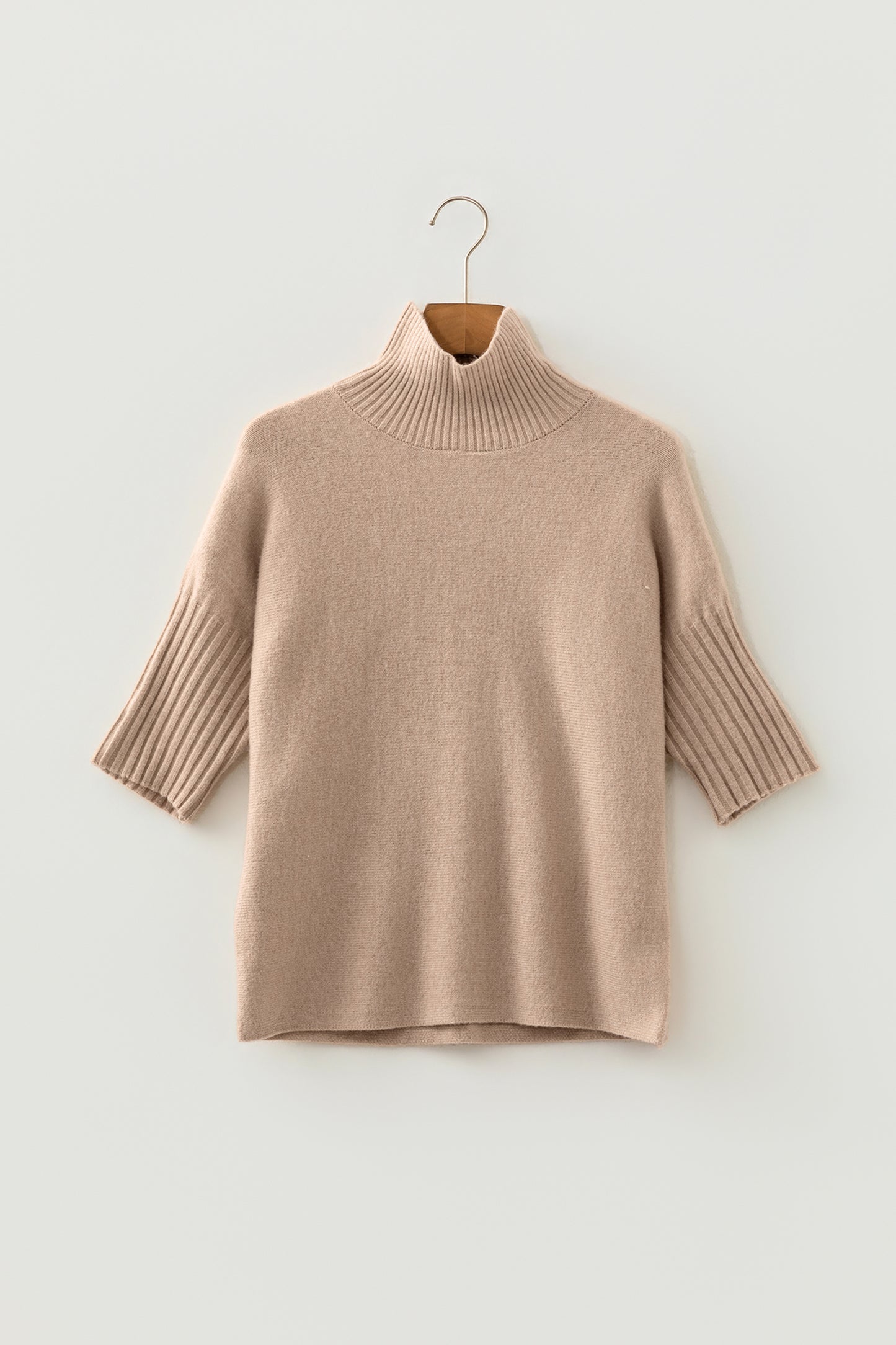 Beige Mock Neck Ribbed Short Sleeve Sweater Top