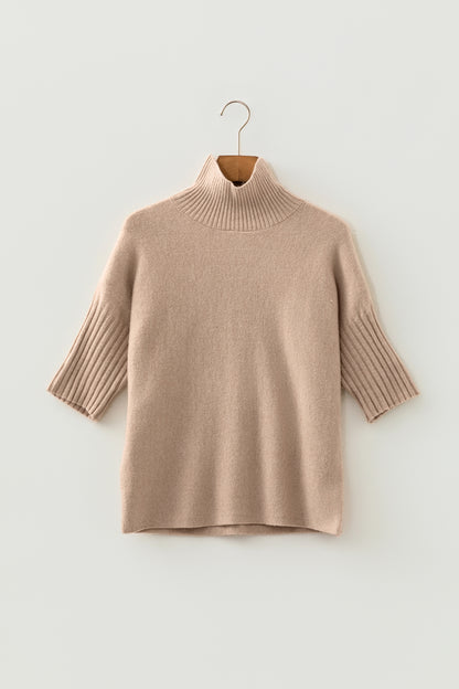 Beige Mock Neck Ribbed Short Sleeve Sweater Top