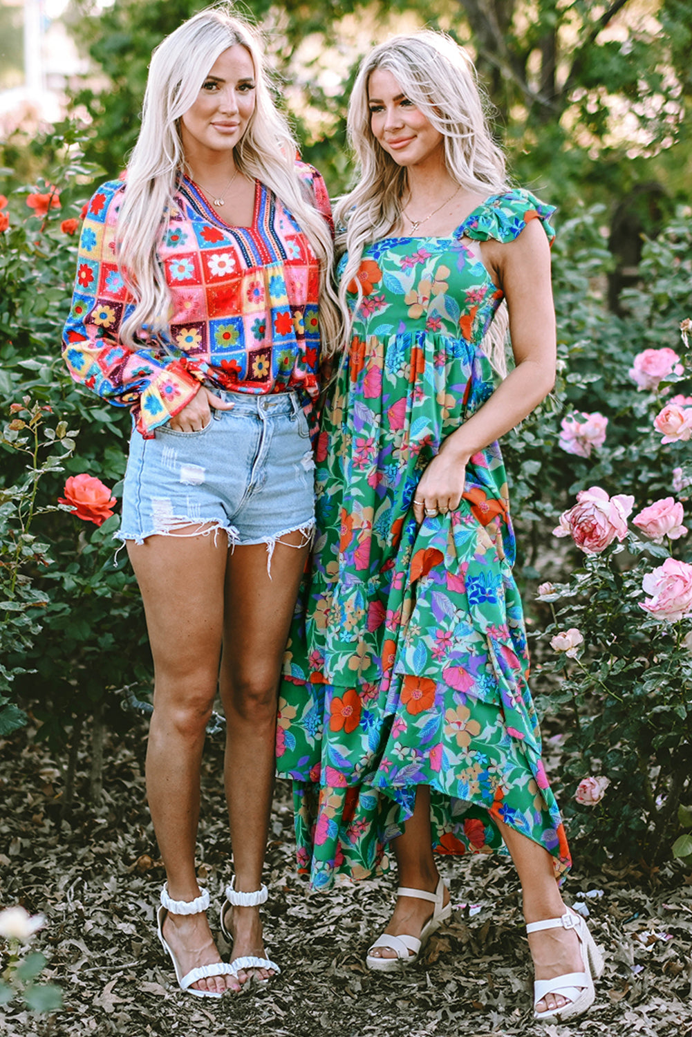 Easter Floral Square Neck Ruffle Strap Maxi Dress