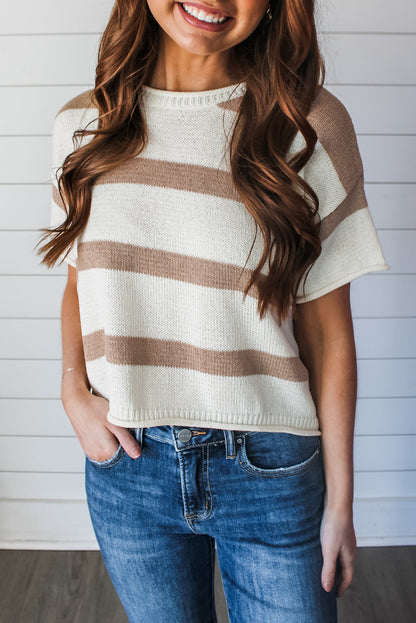 Khaki Stripe Lightweight Knit Short Sleeve Top