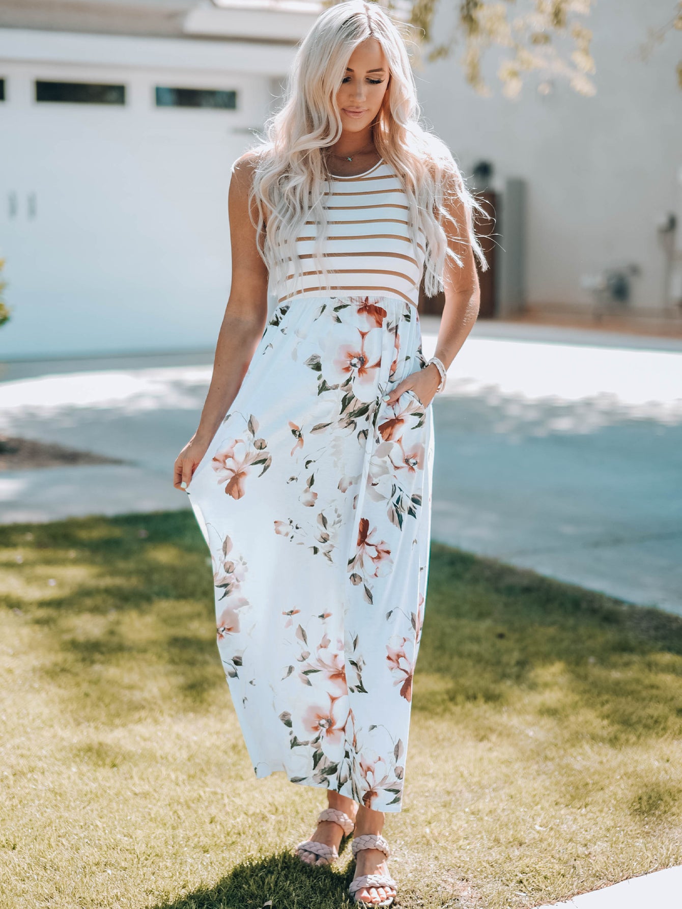 Striped Floral Sleeveless Maxi Dress with Pockets