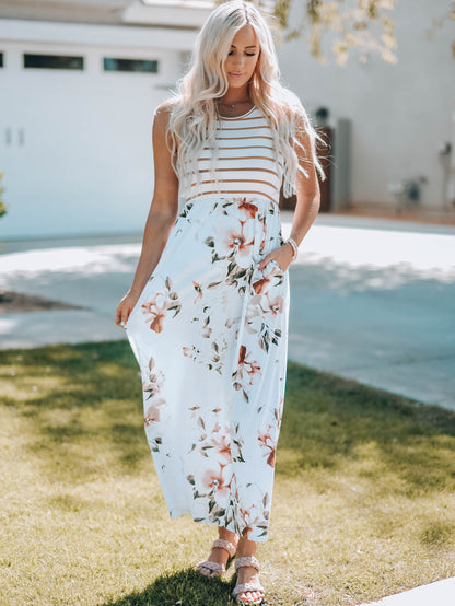 Striped Floral Sleeveless Maxi Dress with Pockets