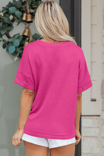 Strawberry Pink Waffle Knit V Neck Short Sleeve Casual Top