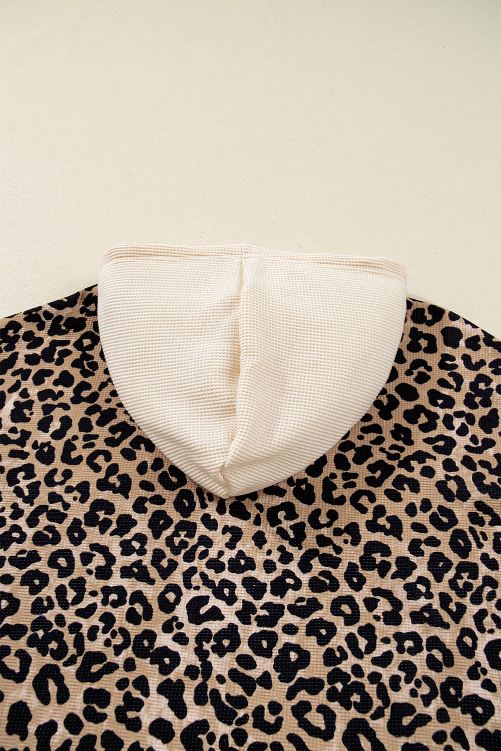 Leopard Print Waffle Knit Contrast Hoodie with Kangaroo Pocket