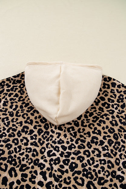 Leopard Print Waffle Knit Contrast Hoodie with Kangaroo Pocket