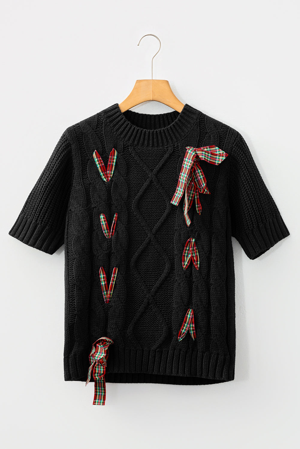 Red Plaid Bow Lace Up Cable Knit Short Sleeve Holiday Sweater