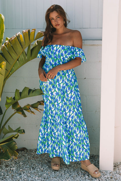 Pink Floral Square Neck Ruffle Sleeve Maxi Dress