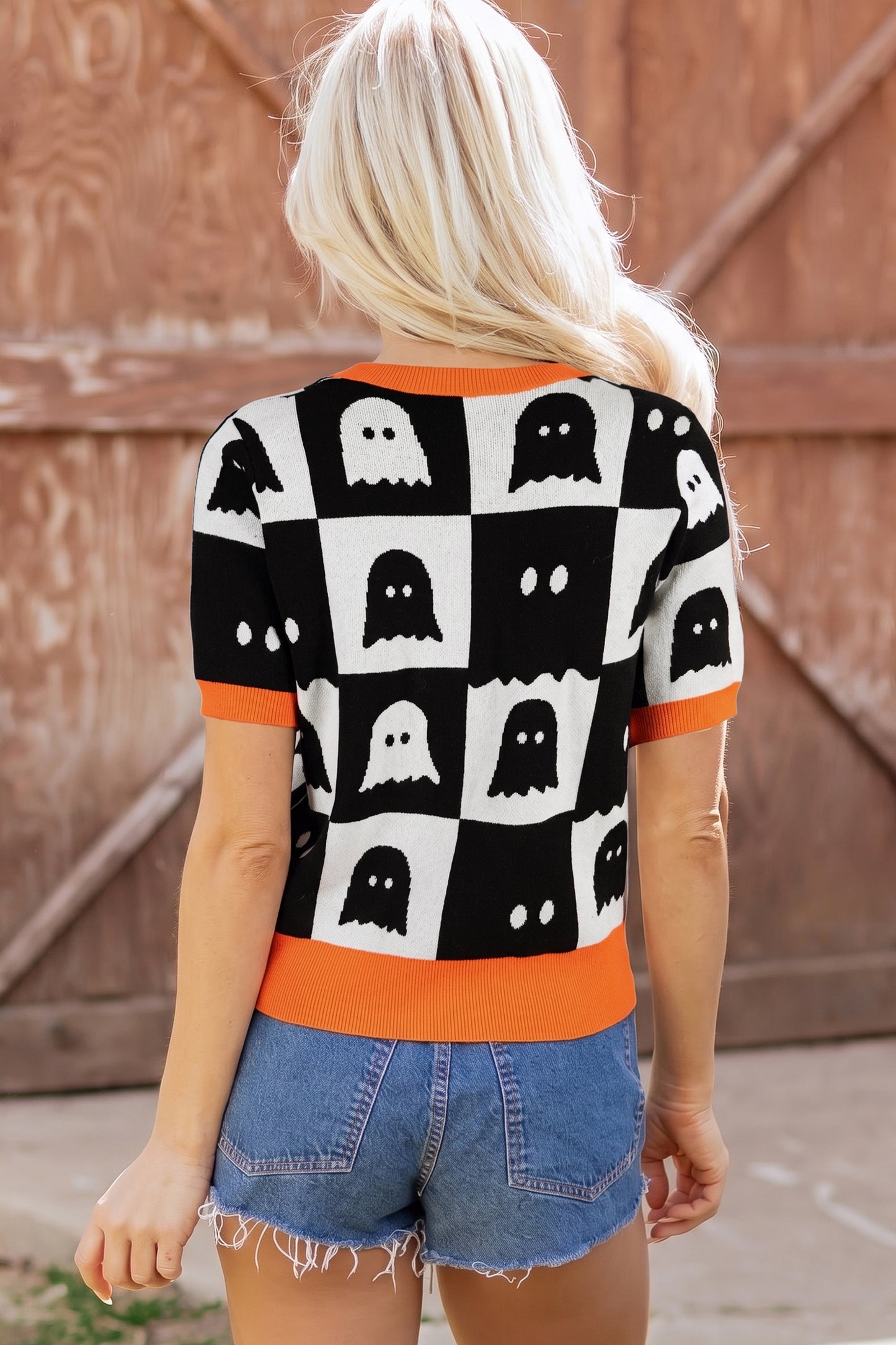 Halloween Ghost Checkered Short Sleeve Knit Sweater