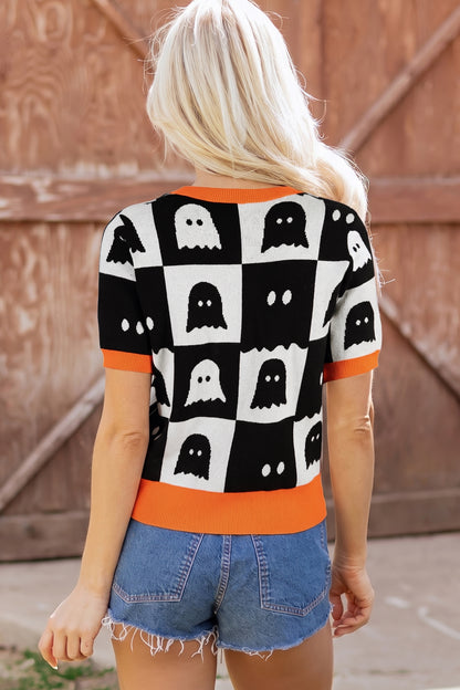 Halloween Ghost Checkered Short Sleeve Knit Sweater