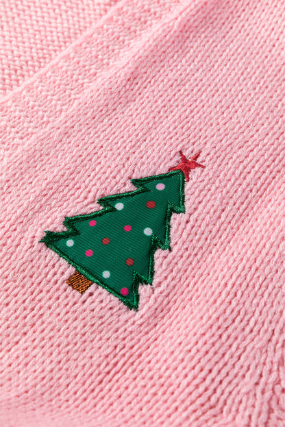 Light Pink Christmas Tree Print Open Front Drop Shoulder Midi Cardigan
