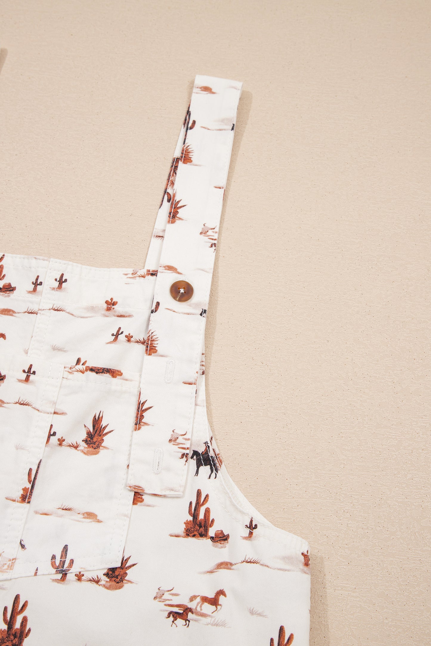 Beige Western Print Adjustable Strap Loose Cotton Jumpsuit