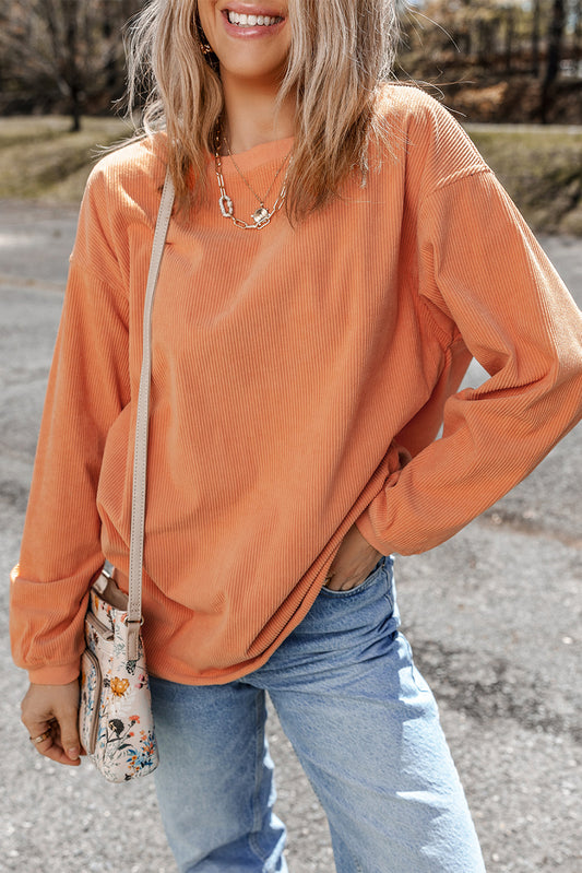 Orange Ribbed Corduroy Oversized Pullover Sweatshirt