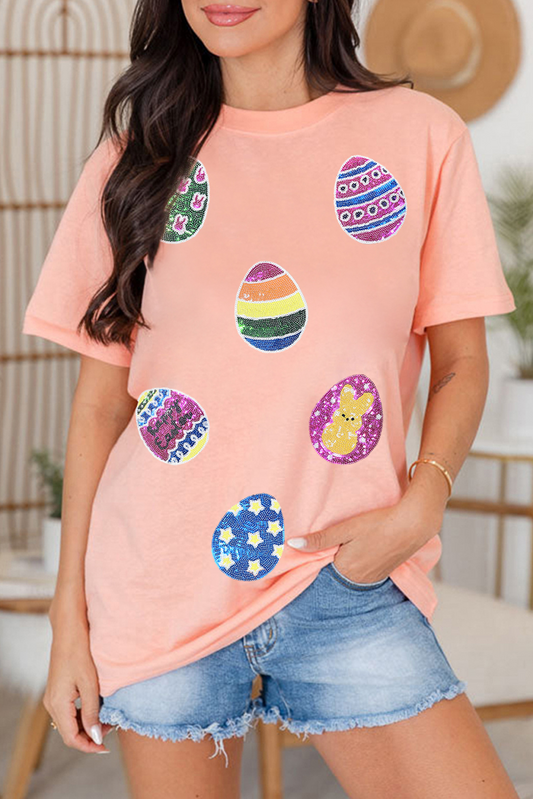 Pink Sequin Easter Egg Graphic Short Sleeve Casual Tee