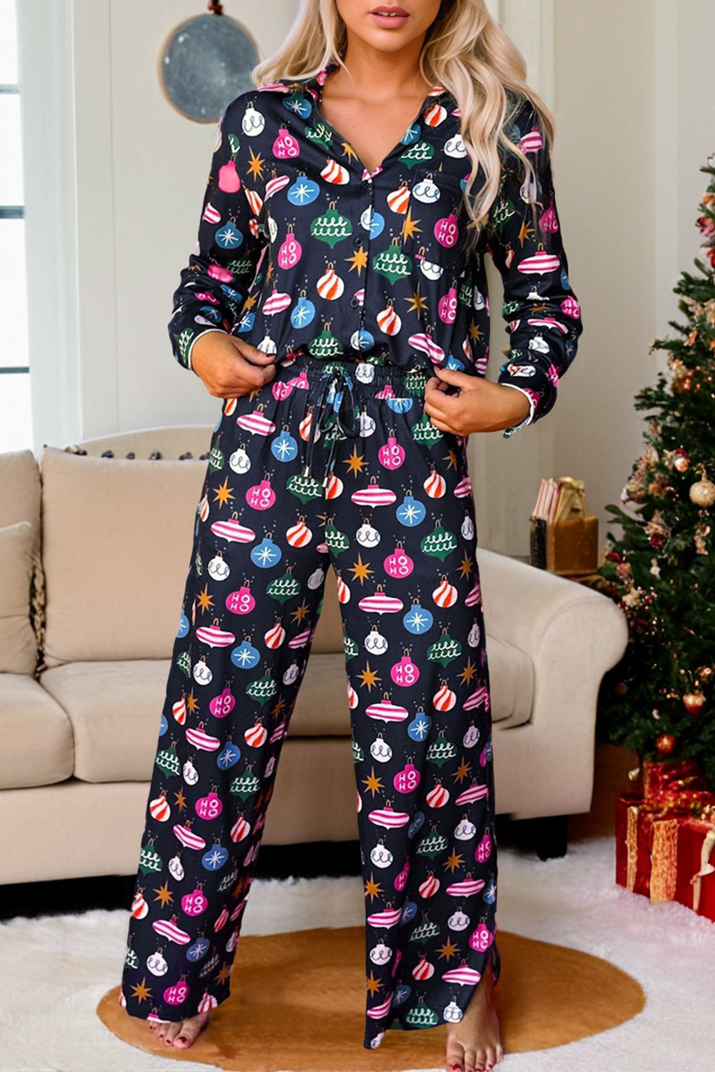 Navy Christmas Ornament Print Long Sleeve Pajama Set