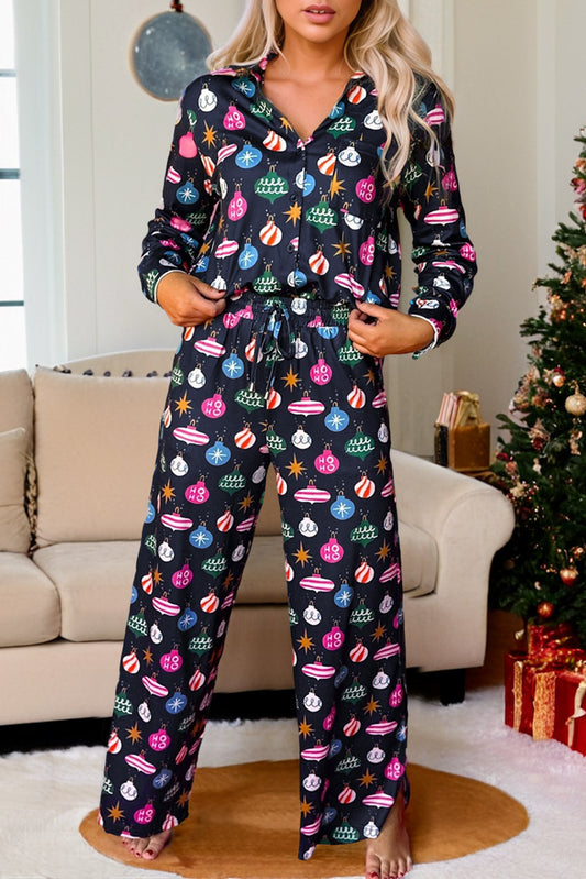 Navy Christmas Ornament Print Long Sleeve Pajama Set
