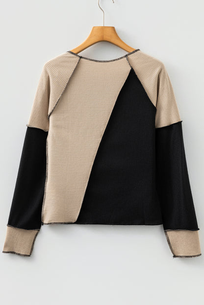 Irregular Color Block Rib Knit Long Sleeve Top