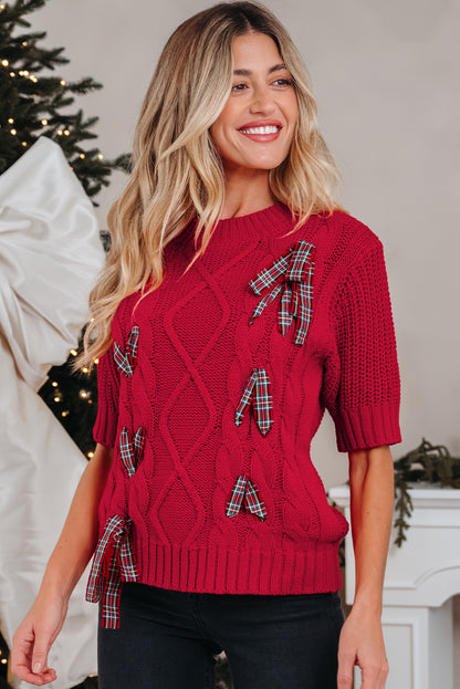 Red Plaid Bow Lace Up Cable Knit Short Sleeve Holiday Sweater