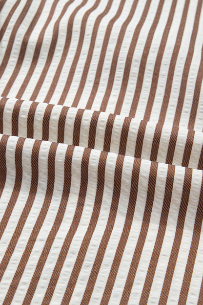 Brown Stripe Knot Waist Puff Sleeve Button Down Shirt Dress