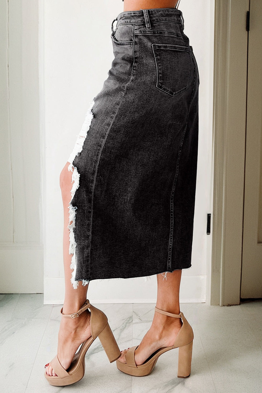 Distressed High Waist Asymmetrical Denim Midi Skirt