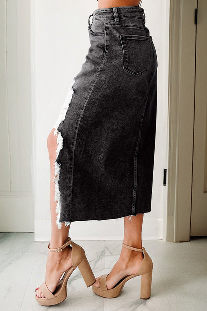 Distressed High Waist Asymmetrical Denim Midi Skirt