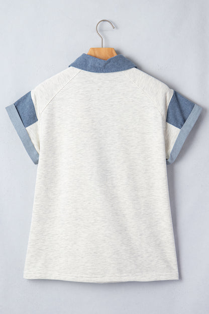 Color Block Polo Henley Button Short Sleeve Casual Top
