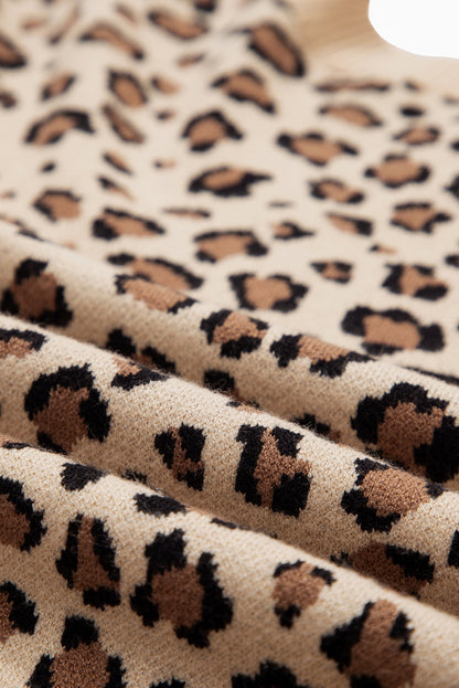 Khaki Leopard Print Crew Neck Long Sleeve Knit Sweater