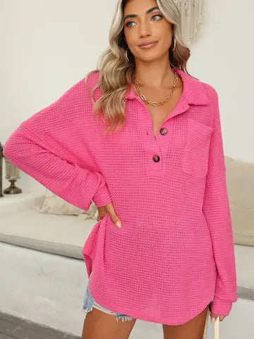 Rose Red Waffle Knit Oversized Henley Long Sleeve Top