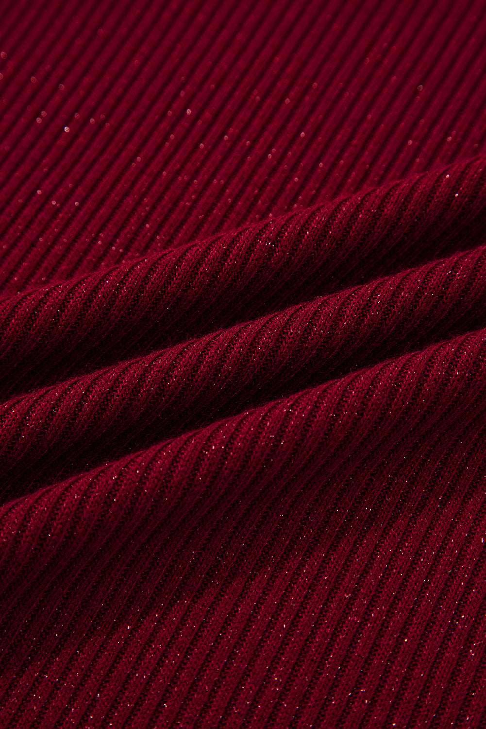 Red Metallic Ribbed Knit Long Sleeve Slim Fit Top