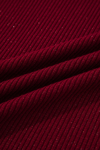 Red Metallic Ribbed Knit Long Sleeve Slim Fit Top