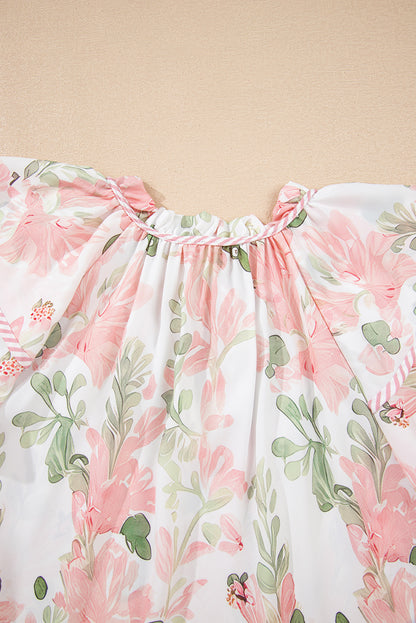 Floral Ruffle Sleeve Blouse V Neck Summer Boho Top