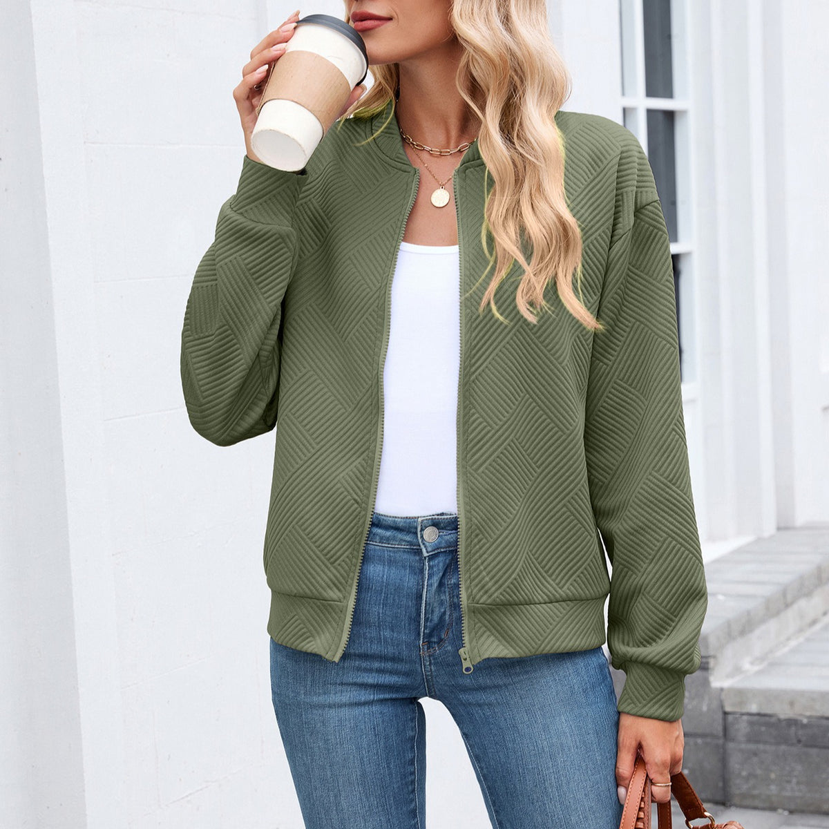 Women's Quilted Zip-Up Bomber Jacket Lightweight Casual