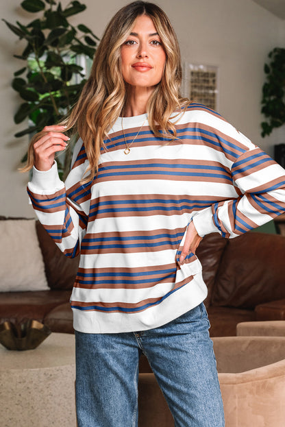Striped Crew Neck Drop Shoulder Casual Pullover Sweatshirt