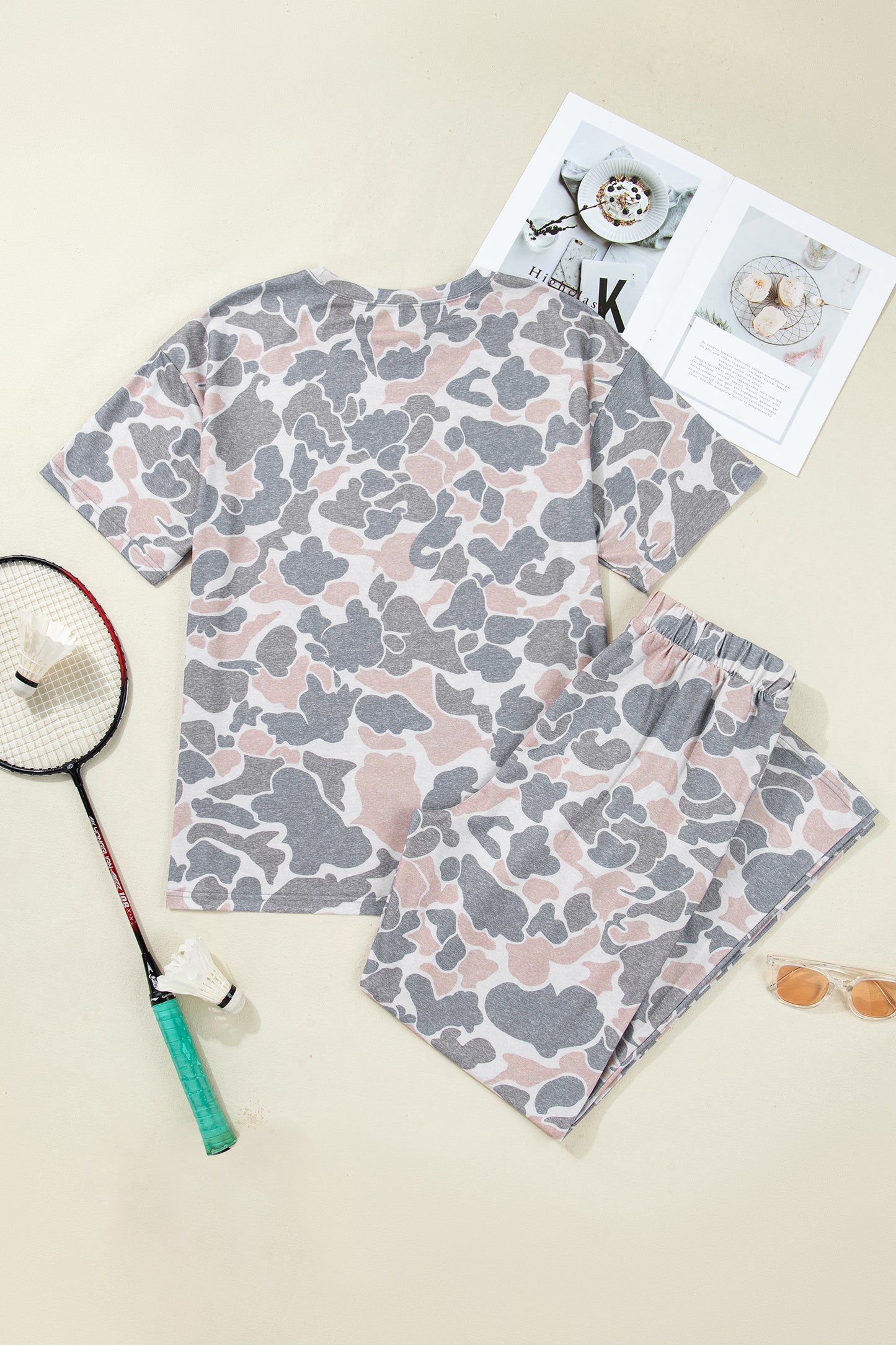 Camo Print Cotton Tee & Wide Leg Lounge Set
