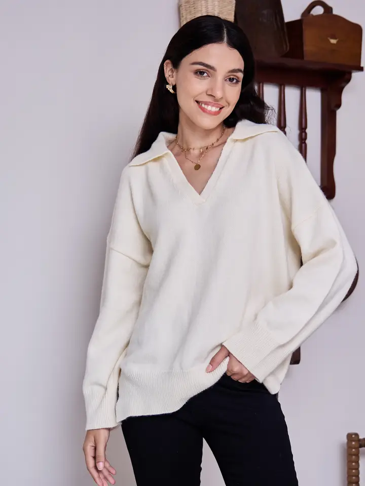 V Neck Collared Knit Sweater Oversized Casual Pullover