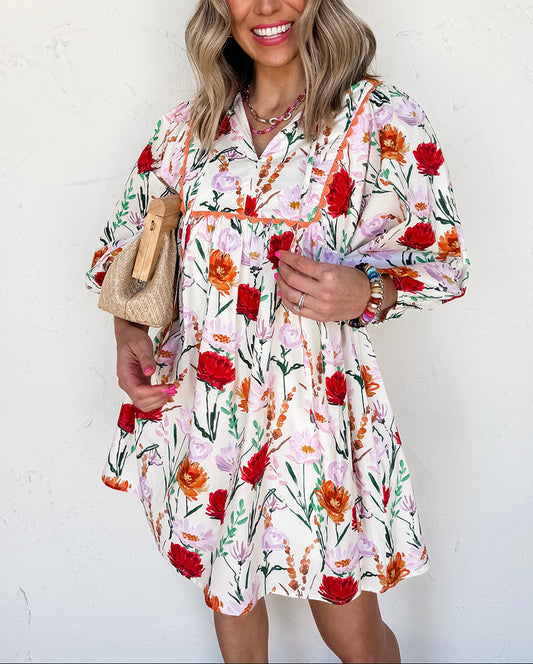 Easter Floral Ricrac Trim Puff Sleeve Mini Dress