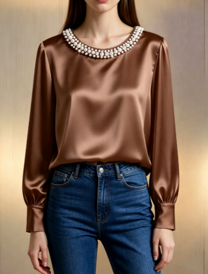 Elegant Satin Pearl Neck Blouse Long Sleeve Top