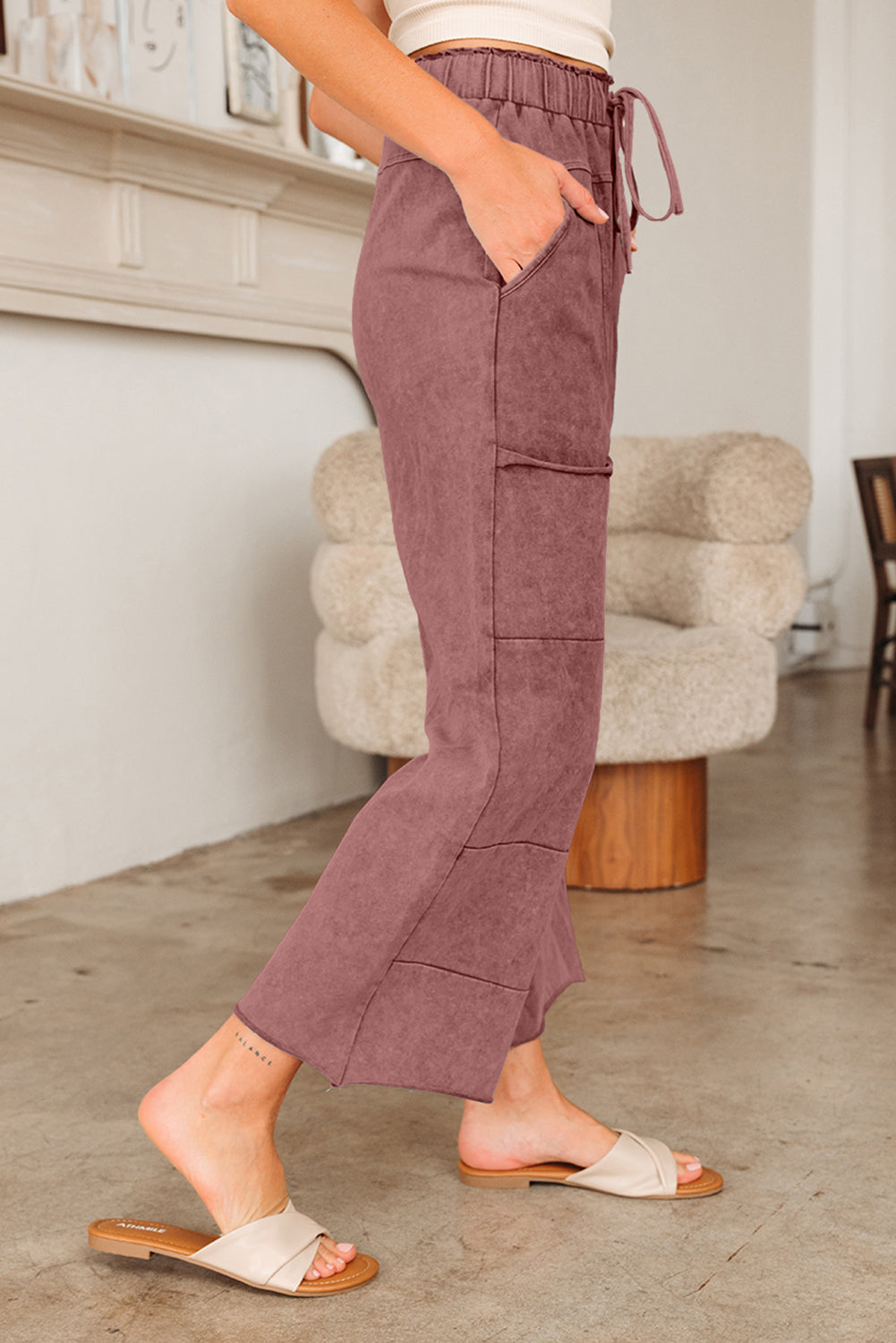 Mineral Wash High Waist Wide Leg Pants with Pockets