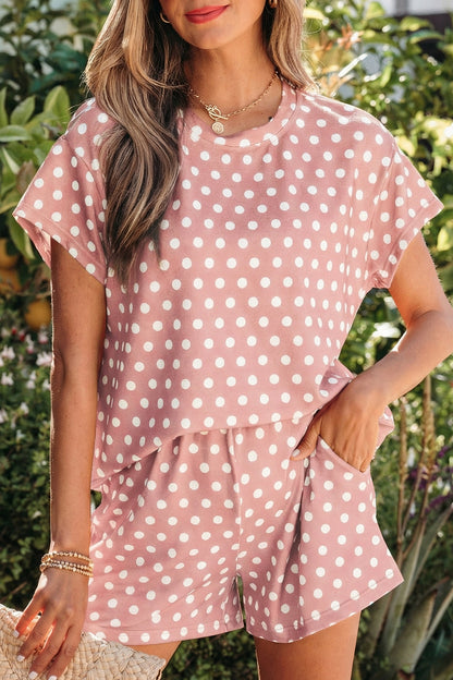 Polka Dot Lounge Short Set Casual Two Piece Outfit