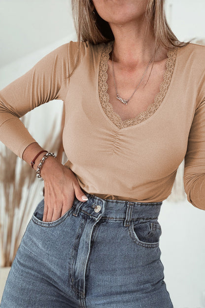 Smoke Gray Lace Trim Ruched V Neck Long Sleeve Women’s Top
