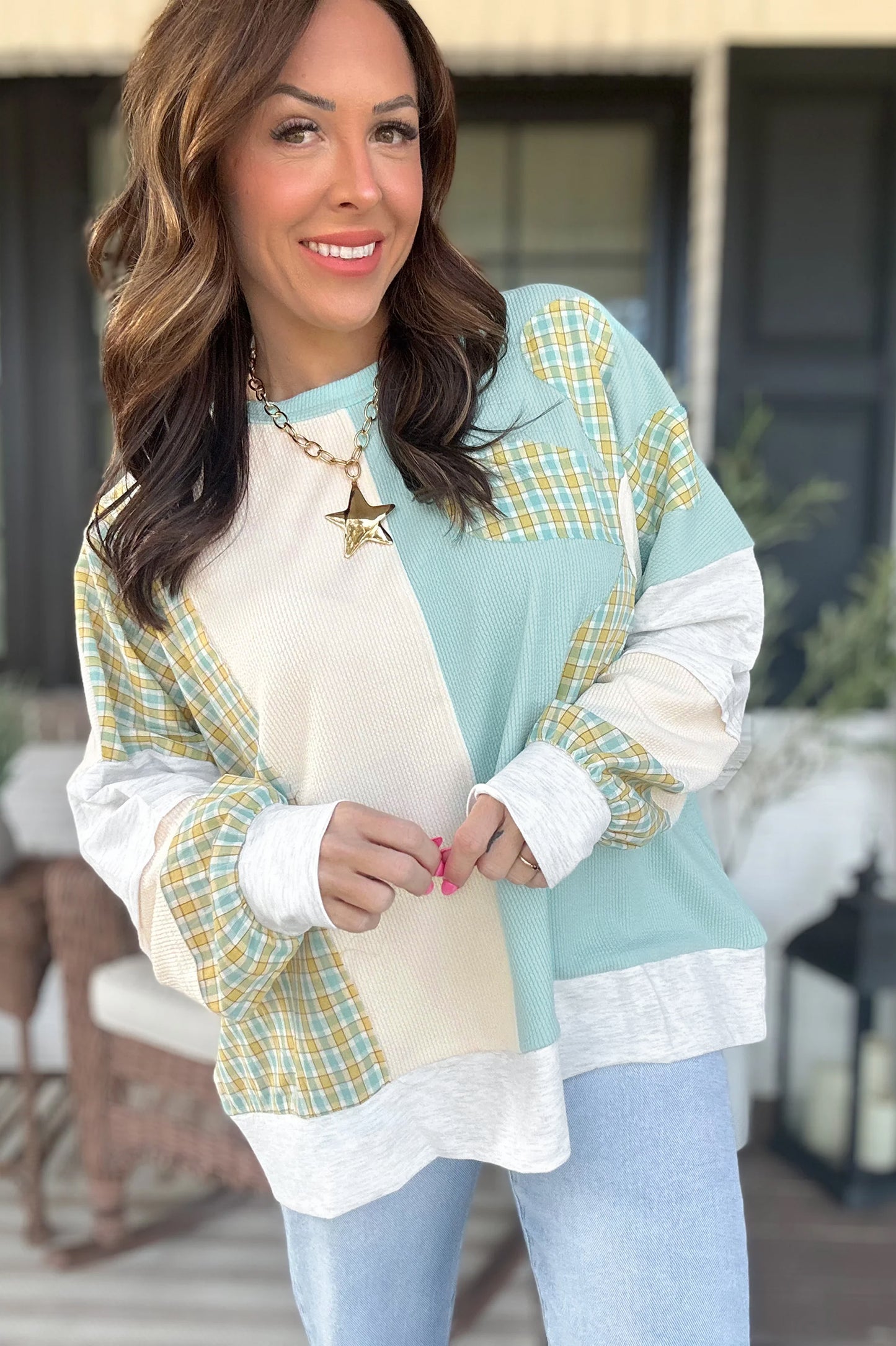 Light Blue Plaid Patchwork Colorblock Waffle Knit Top