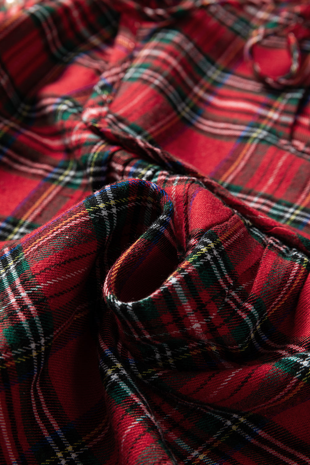 Red Christmas Plaid Pearl Ruffle Short Sleeve Holiday Blouse