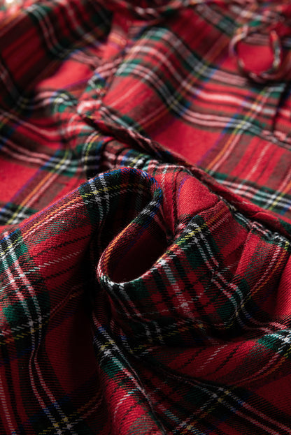 Red Christmas Plaid Pearl Ruffle Short Sleeve Holiday Blouse