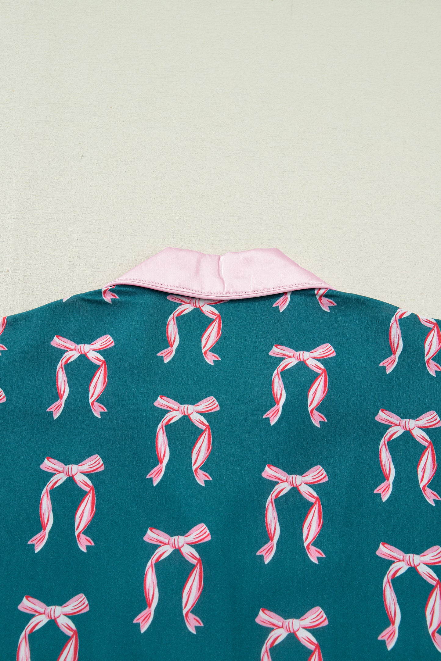 Green Bow Satin Pajama Set for Valentine Long Sleeve/Shorts